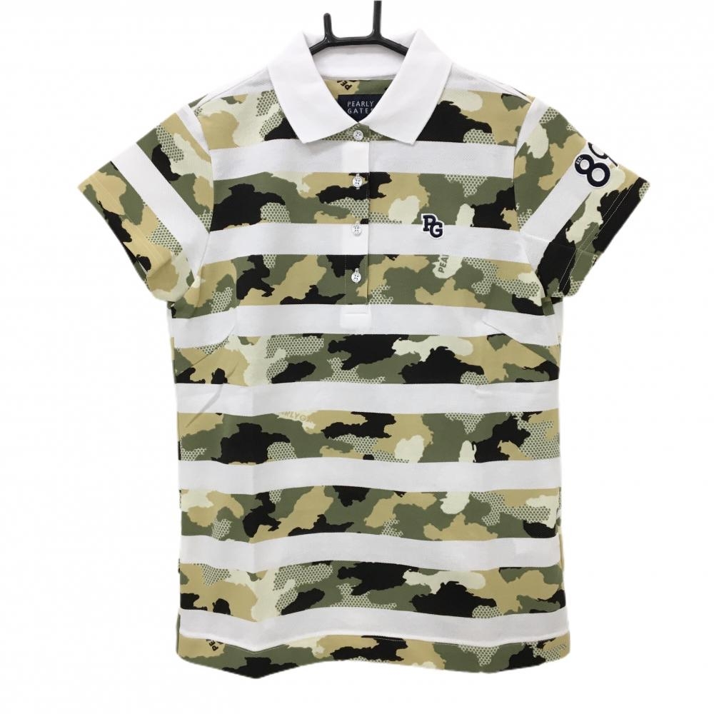 【新品】パーリーゲイツ 半袖ポロシャツ 白×カーキ系 ボーダー 迷彩 カモフラ ロゴ刺しゅう レディース 0(S) ゴルフウェア PEARLY GATES