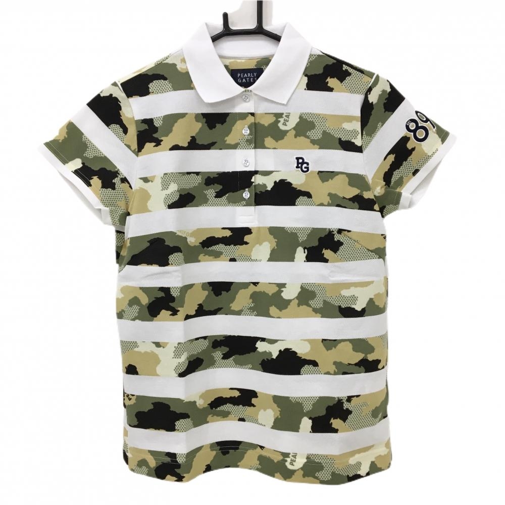 【新品】パーリーゲイツ 半袖ポロシャツ 白×カーキ系 ボーダー 迷彩 カモフラ ロゴ刺しゅう レディース 1(M) ゴルフウェア PEARLY GATES
