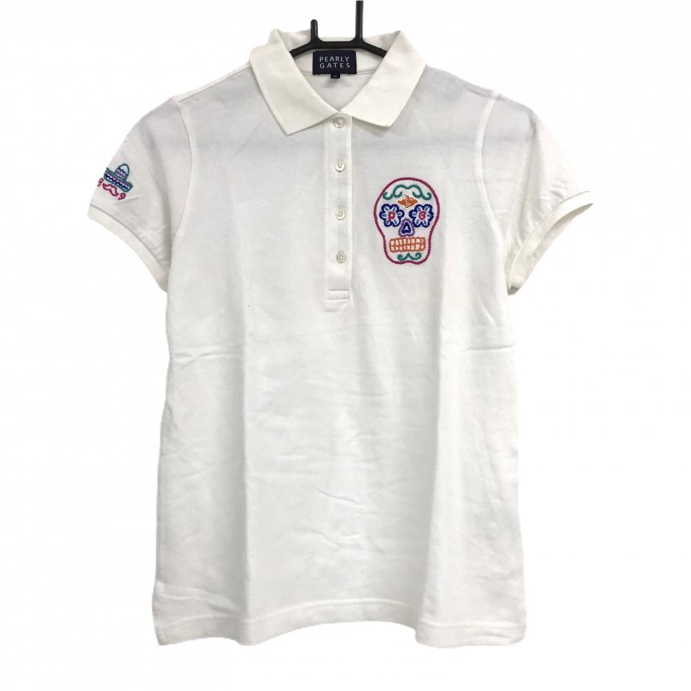 【美品】パーリーゲイツ 半袖ポロシャツ 白×マルチカラー 胸スカル刺しゅう  レディース 0(S) ゴルフウェア PEARLY GATES