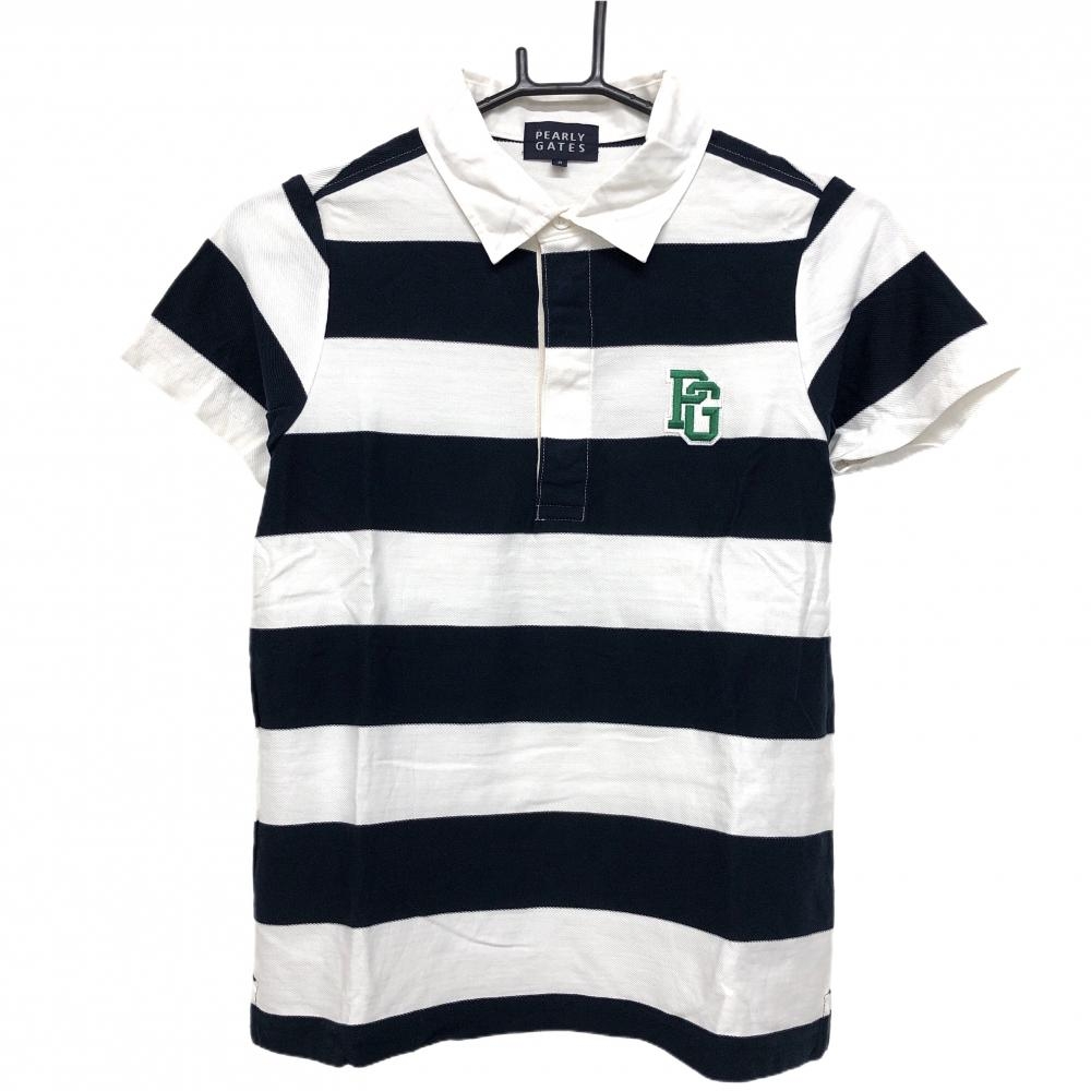 パーリーゲイツ 半袖ポロシャツ 白×ネイビー ボーダー 後ろロゴ レディース 0(S) ゴルフウェア PEARLY GATES