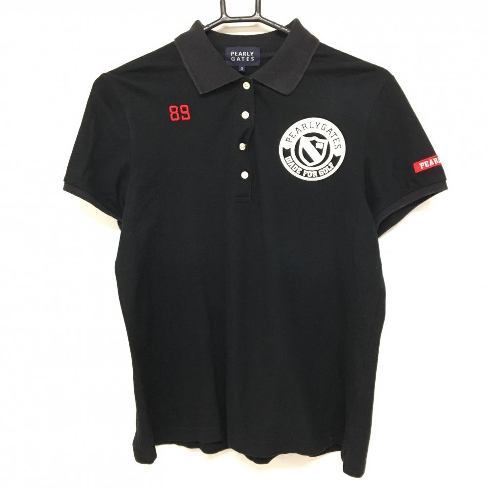パーリーゲイツ 半袖ポロシャツ 黒 ロゴ白  レディース 2(L) ゴルフウェア PEARLY GATES