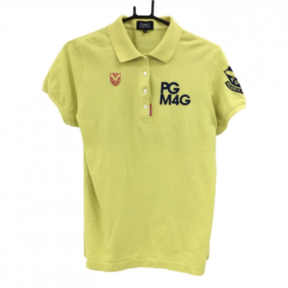 【美品】パーリーゲイツ 半袖ポロシャツ イエロー ロゴネイビー レディース 2(L) ゴルフウェア PEARLY GATES