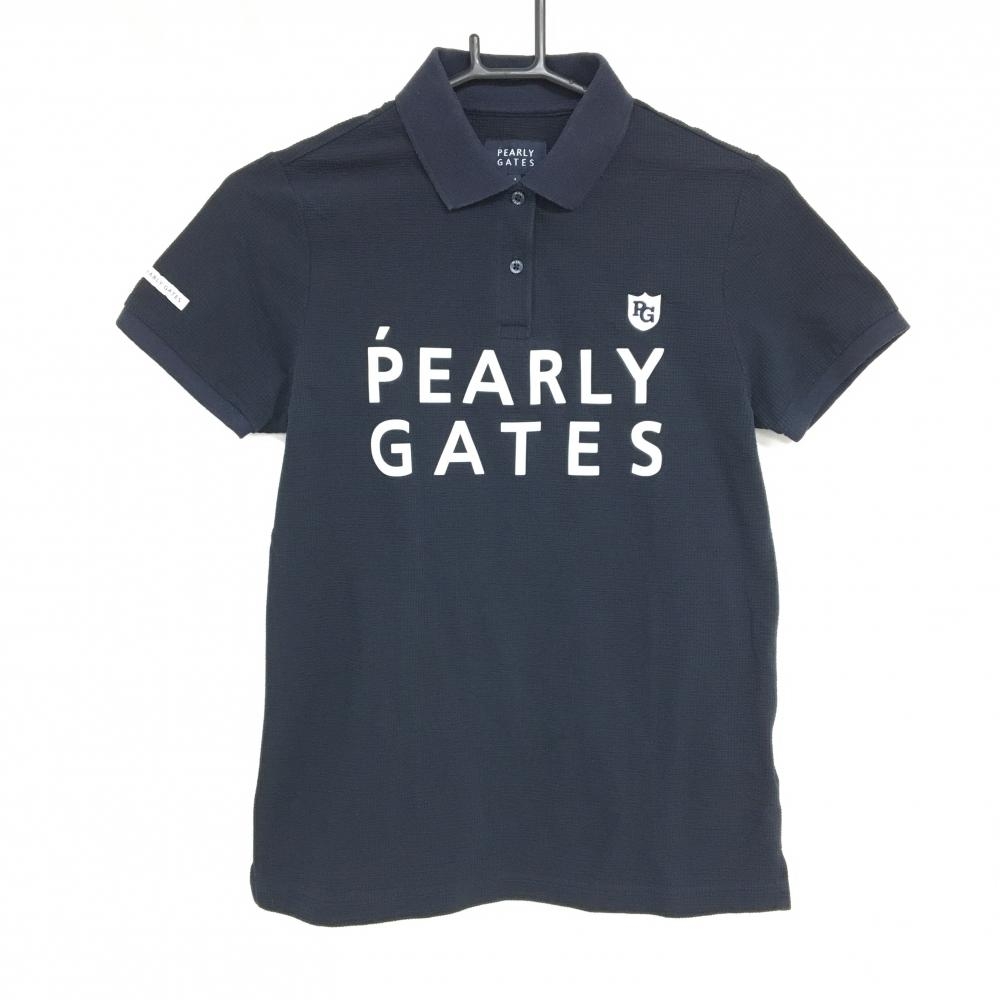 パーリーゲイツ 半袖ポロシャツ ダークネイビー×白 フロントロゴプリント レディース 1(M) ゴルフウェア PEARLY GATES