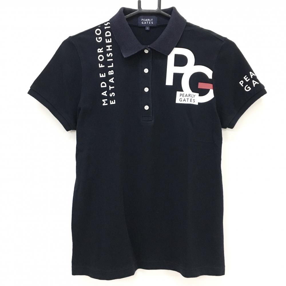 パーリーゲイツ 半袖ポロシャツ ダークネイビー×白 ロゴプリント レディース 1(M) ゴルフウェア PEARLY GATES