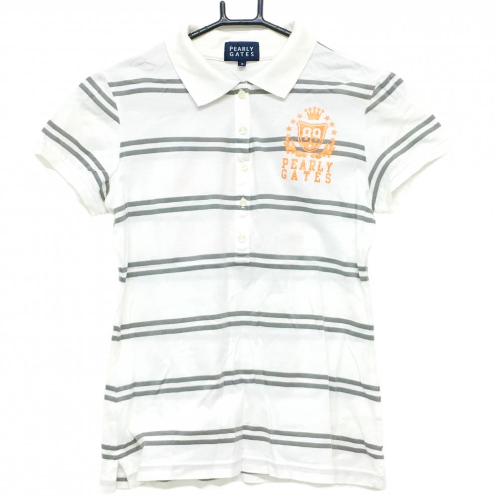 パーリーゲイツ 半袖ポロシャツ 白×グレー ボーダー ロゴオレンジ レディース 0(S) ゴルフウェア PEARLY GATES