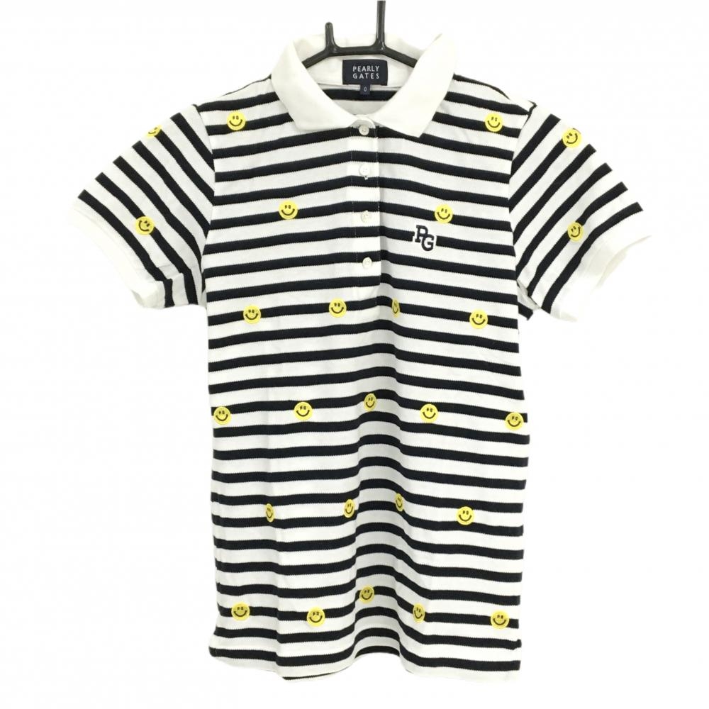 パーリーゲイツ 半袖ポロシャツ 白×ネイビー ボーダー ニコちゃん総柄 スマイル レディース 0(S) ゴルフウェア PEARLY GATES