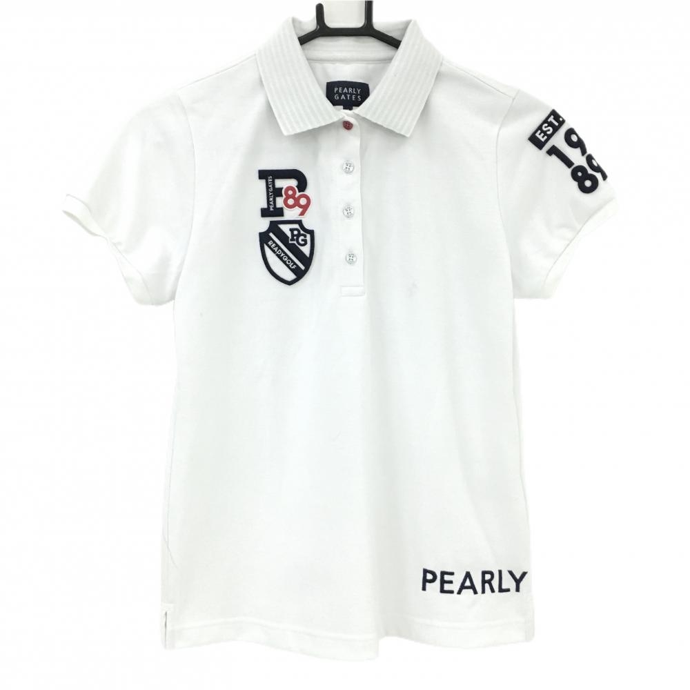 パーリーゲイツ 半袖ポロシャツ 白×ネイビー フェルトワッペン 襟裏ボーダー レディース 0(S) ゴルフウェア PEARLY GATES