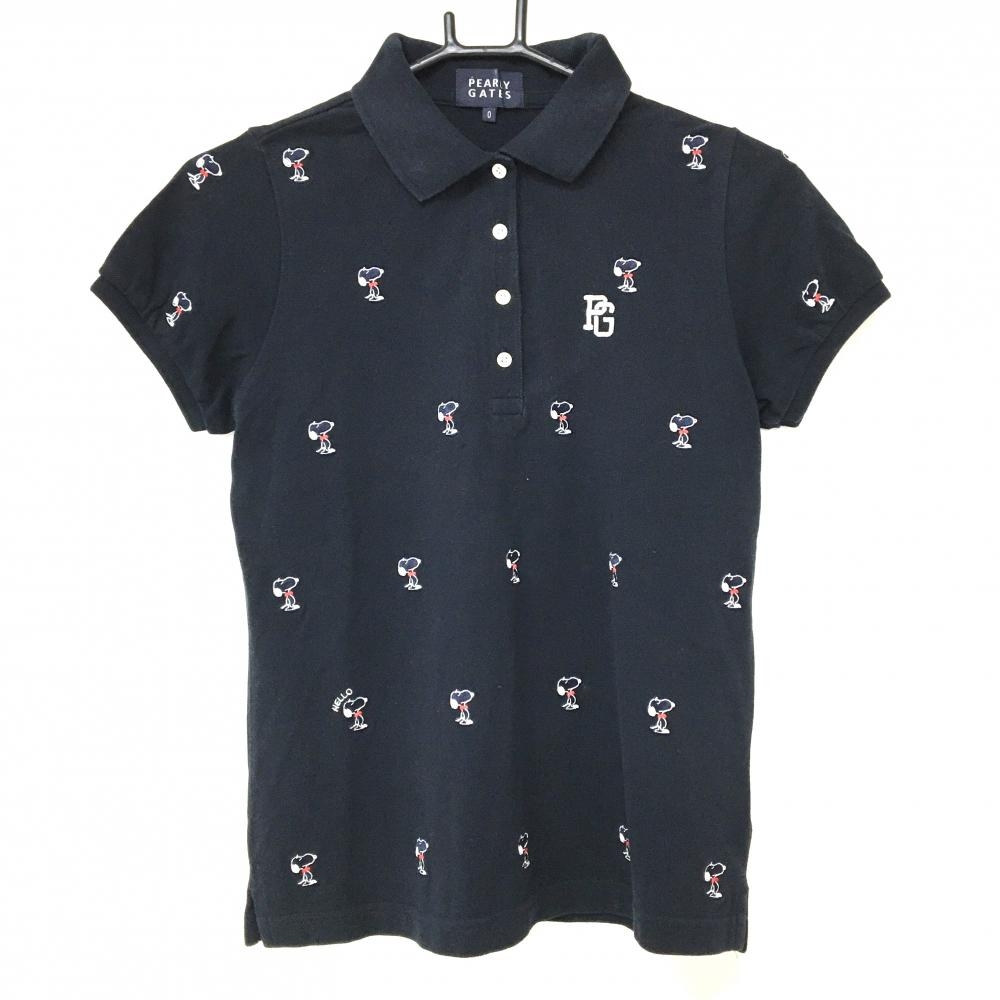 パーリーゲイツ×PEANUTS 半袖ポロシャツ ネイビー×白 スヌーピー総柄  レディース 0(S) ゴルフウェア PEARLY GATES