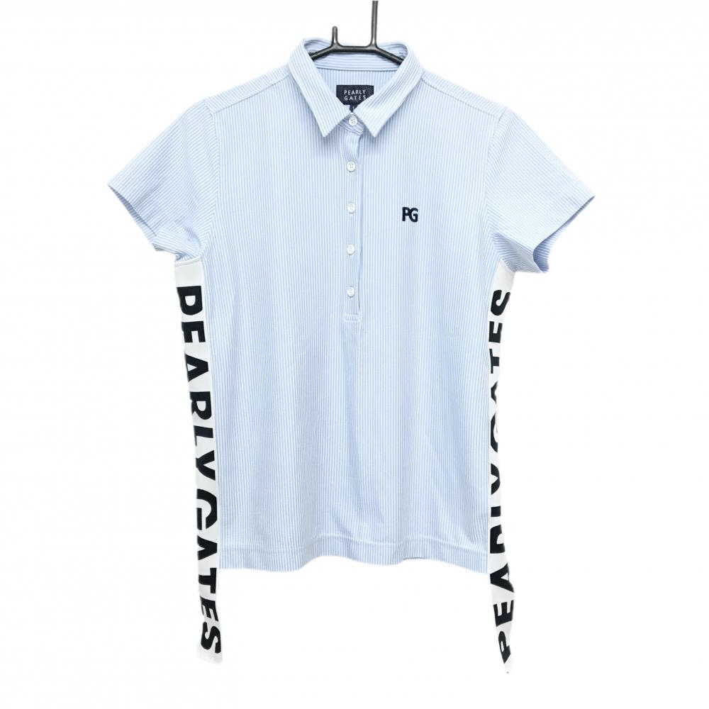 【超美品】パーリーゲイツ 半袖ポロシャツ ライトブルー×白 ストライプ織生地 レディース 1(M) ゴルフウェア PEARLY GATES