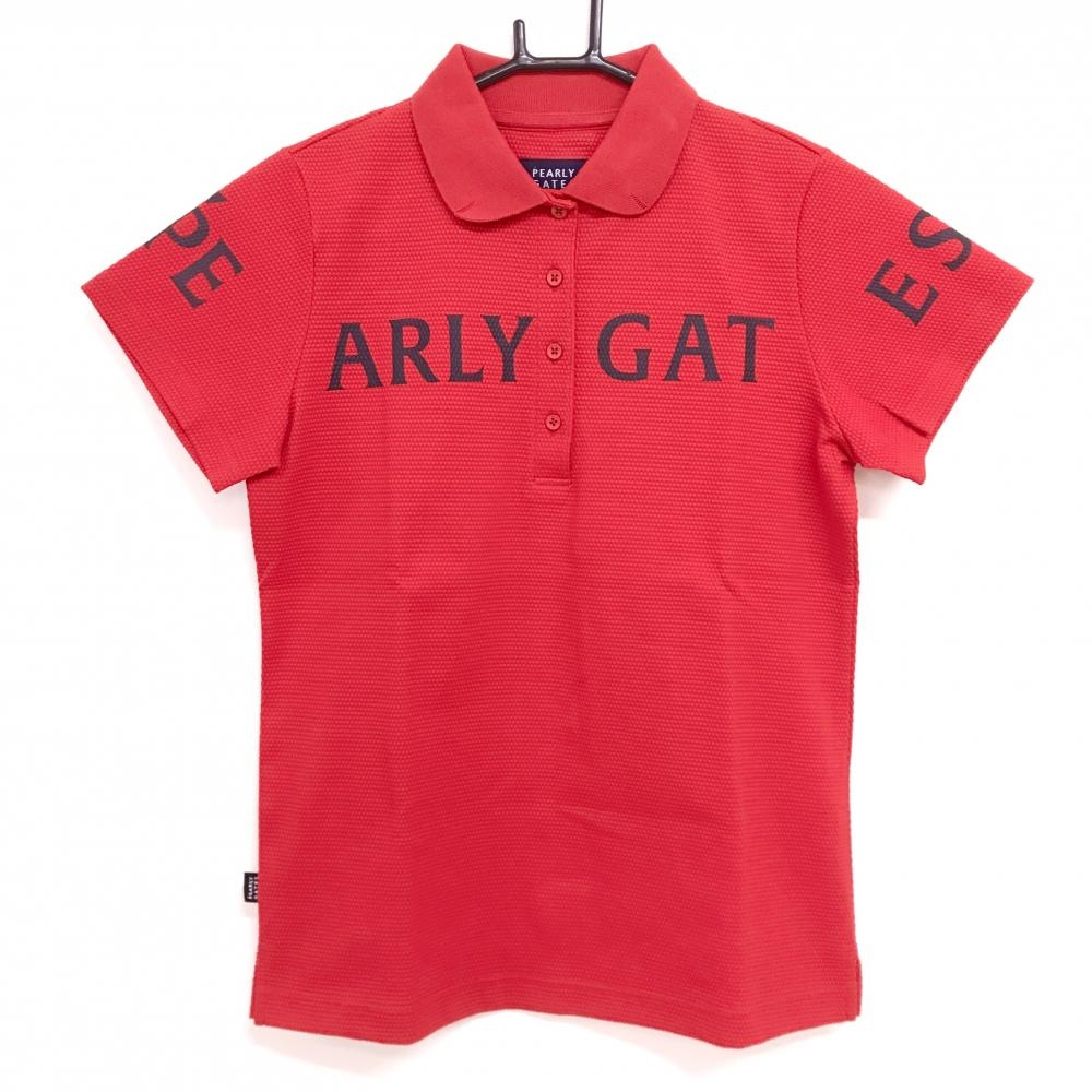 【美品】パーリーゲイツ 半袖ポロシャツ レッド×黒 ビッグロゴ 織生地 レディース 0(S) ゴルフウェア PEARLY GATES