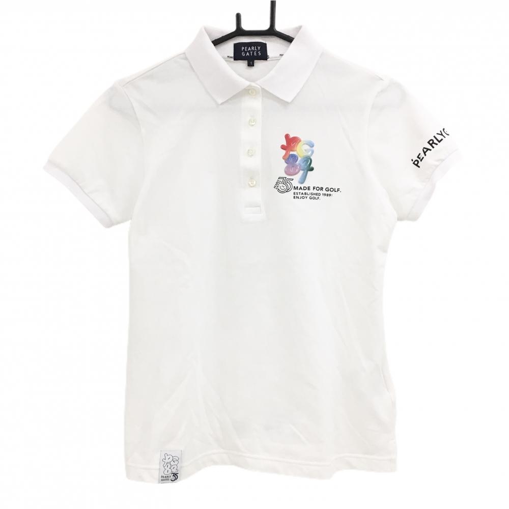 【美品】パーリーゲイツ 半袖ポロシャツ 白×マルチカラー 胸立体ロゴ レディース 1(M) ゴルフウェア 2024年モデル PEARLY GATES