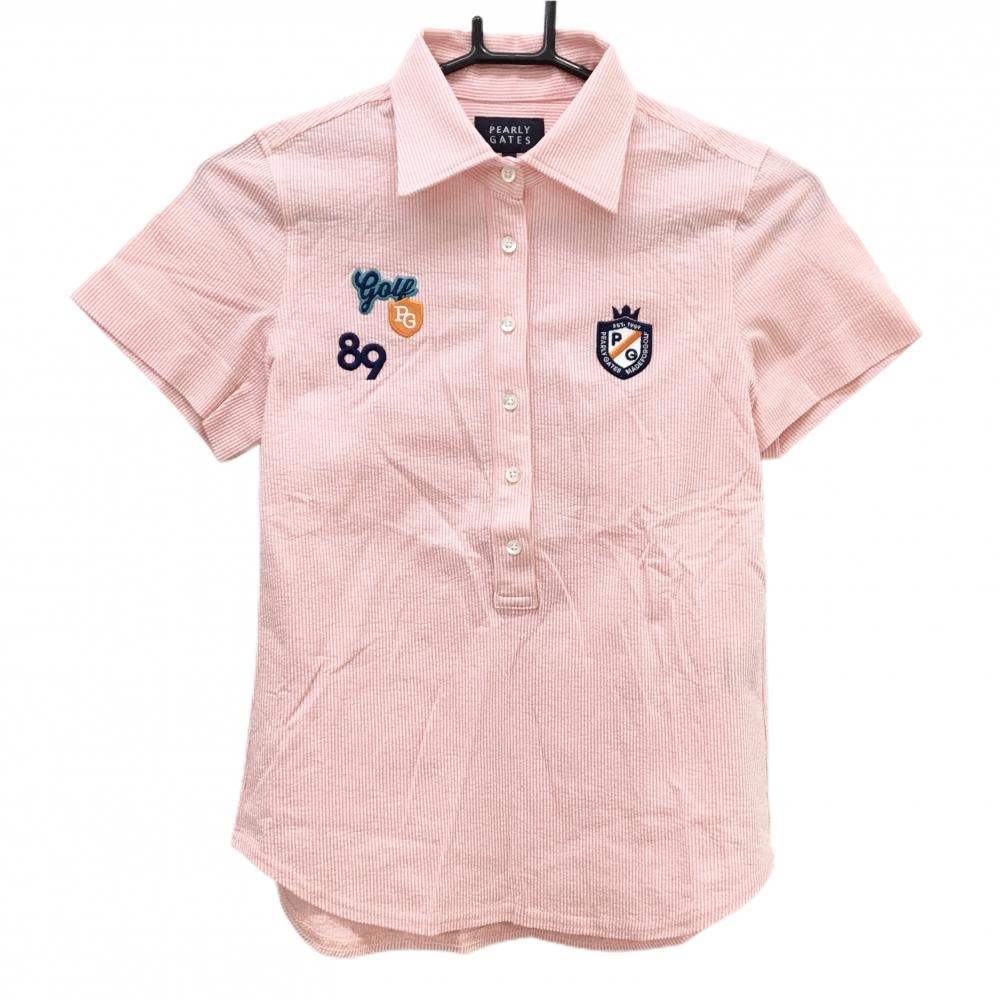 【超美品】パーリーゲイツ 半袖ポロシャツ ピンク×白 細目ストライプ 刺しゅうワッペン レディース 0(S) ゴルフウェア PEARLY GATES