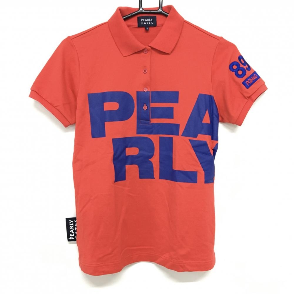 【超美品】パーリーゲイツ 半袖ポロシャツ レッド×ネイビー ビックプリント レディース 0(S) ゴルフウェア PEARLY GATES