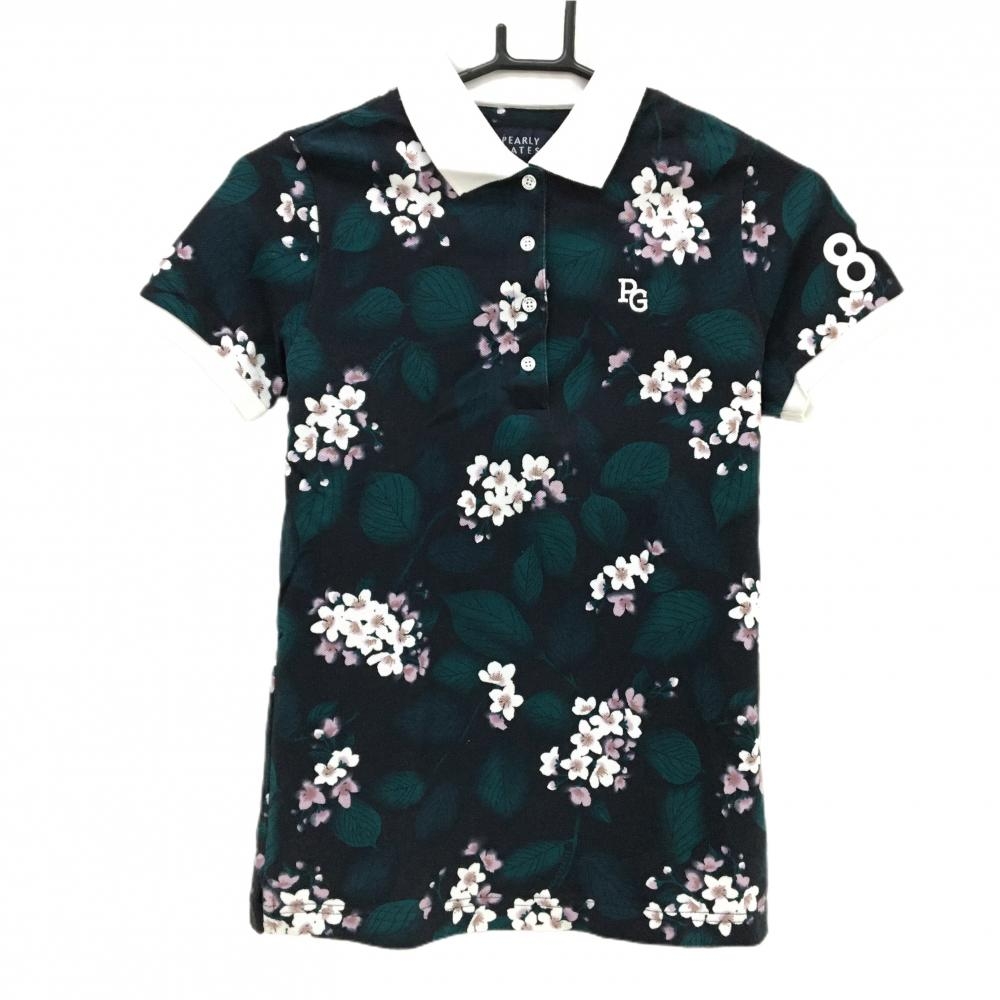 【美品】パーリーゲイツ 半袖ポロシャツ ネイビー×グリーン×ピンク 花柄 レディース 0(S) ゴルフウェア PEARLY GATES