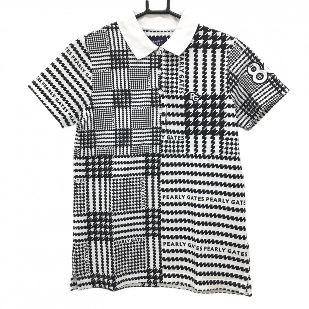 【美品】パーリーゲイツ 半袖ポロシャツ 白×黒 グレンチェック調 ロゴ レディース 0(S) ゴルフウェア PEARLY GATES