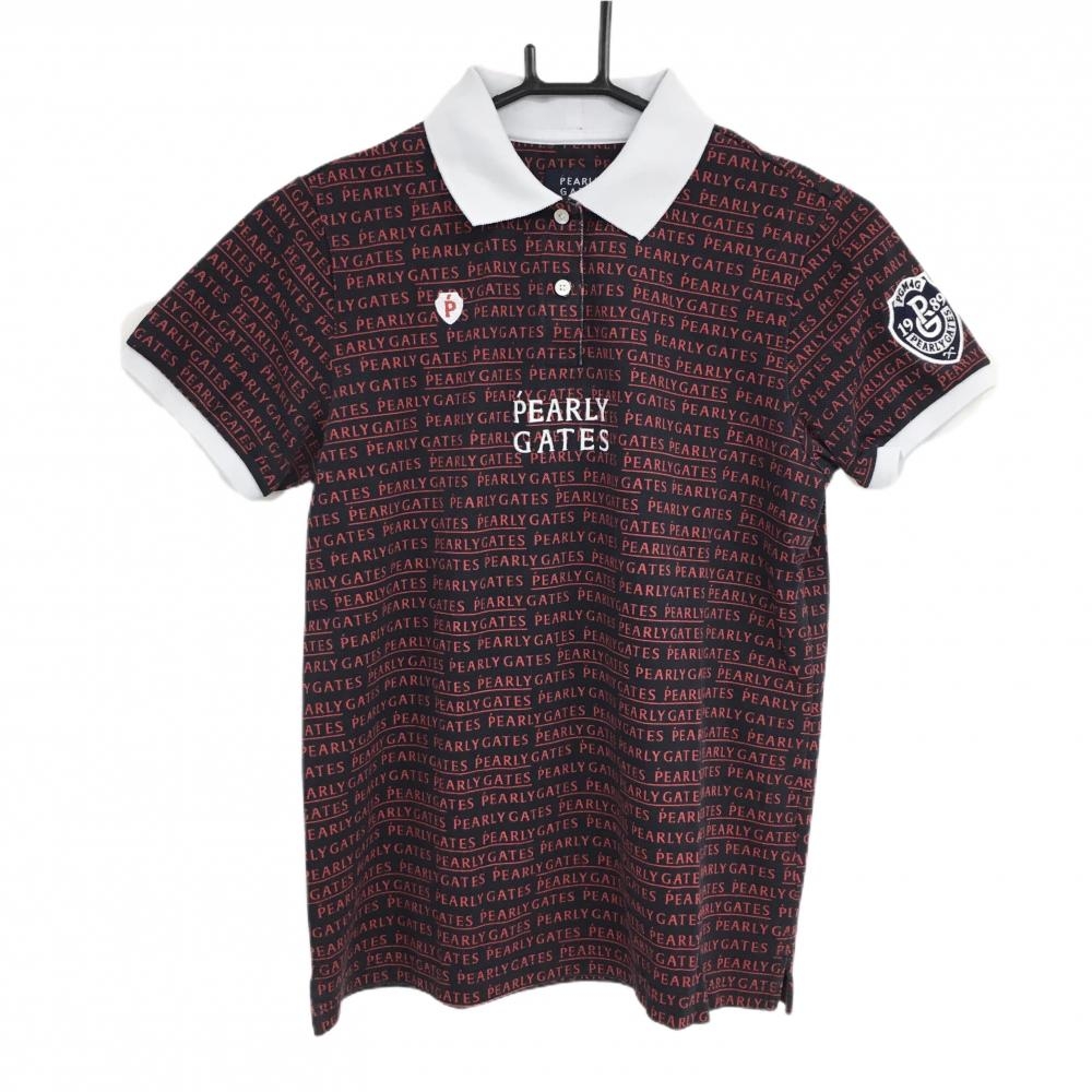 【美品】パーリーゲイツ 半袖ポロシャツ ネイビー×レッド ロゴボーダー 襟裏ライン レディース 1(M) ゴルフウェア PEARLY GATES