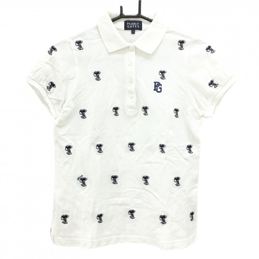 パーリーゲイツ×PEANUTS 半袖ポロシャツ 白×ネイビー スヌーピー総柄刺しゅう  レディース 1(M) ゴルフウェア PEARLY GATES
