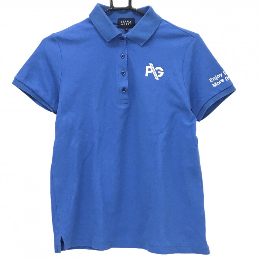 パーリーゲイツ 半袖ポロシャツ ブルー×白 ロゴプリント  レディース 2(L) ゴルフウェア PEARLY GATES