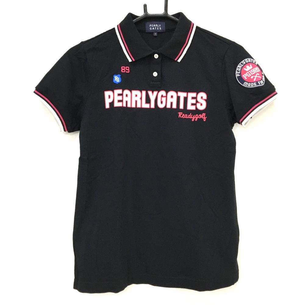 【美品】パーリーゲイツ 半袖ポロシャツ 黒×ピンク ワッペン 襟裏ロゴ レディース 1(M) ゴルフウェア PEARLY GATES