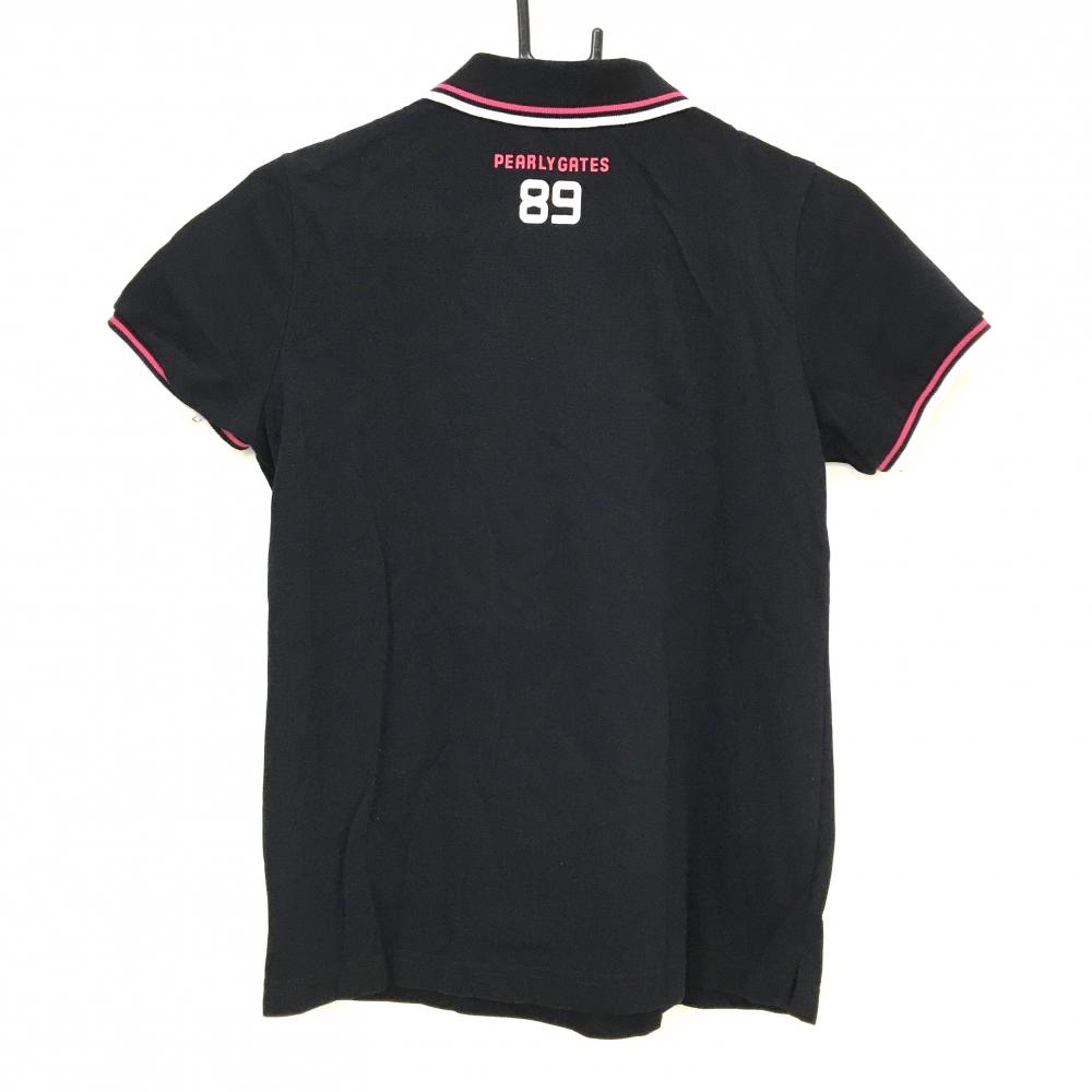 【美品】パーリーゲイツ 半袖ポロシャツ 黒×ピンク ワッペン 襟裏ロゴ レディース 1(M) ゴルフウェア PEARLY GATES