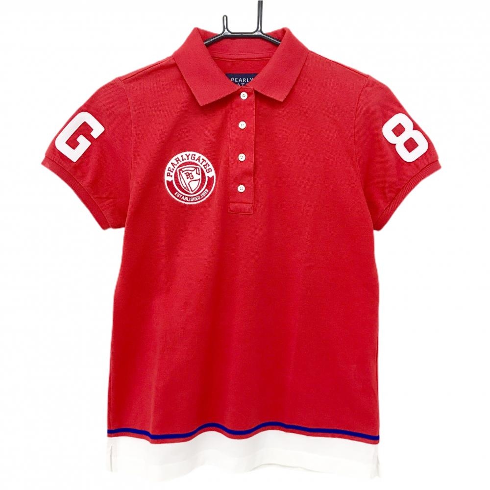 【超美品】パーリーゲイツ 半袖ポロシャツ レッド×白 ワッペン 襟裏ボーダー  レディース 1(M) ゴルフウェア PEARLY GATES