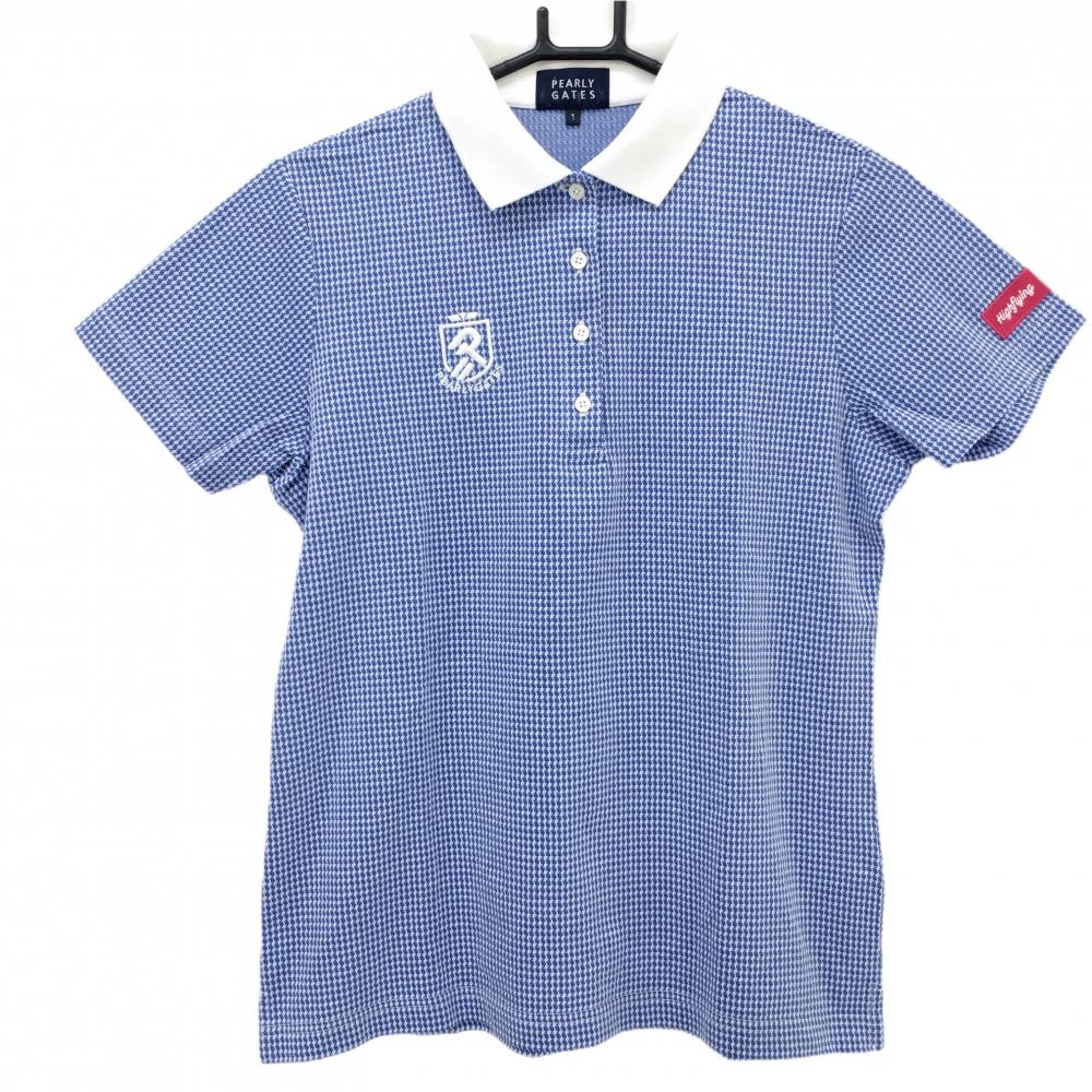 【美品】パーリーゲイツ 半袖ポロシャツ ブルー×白 総柄地模様 レディース 1(M) ゴルフウェア PEARLY GATES