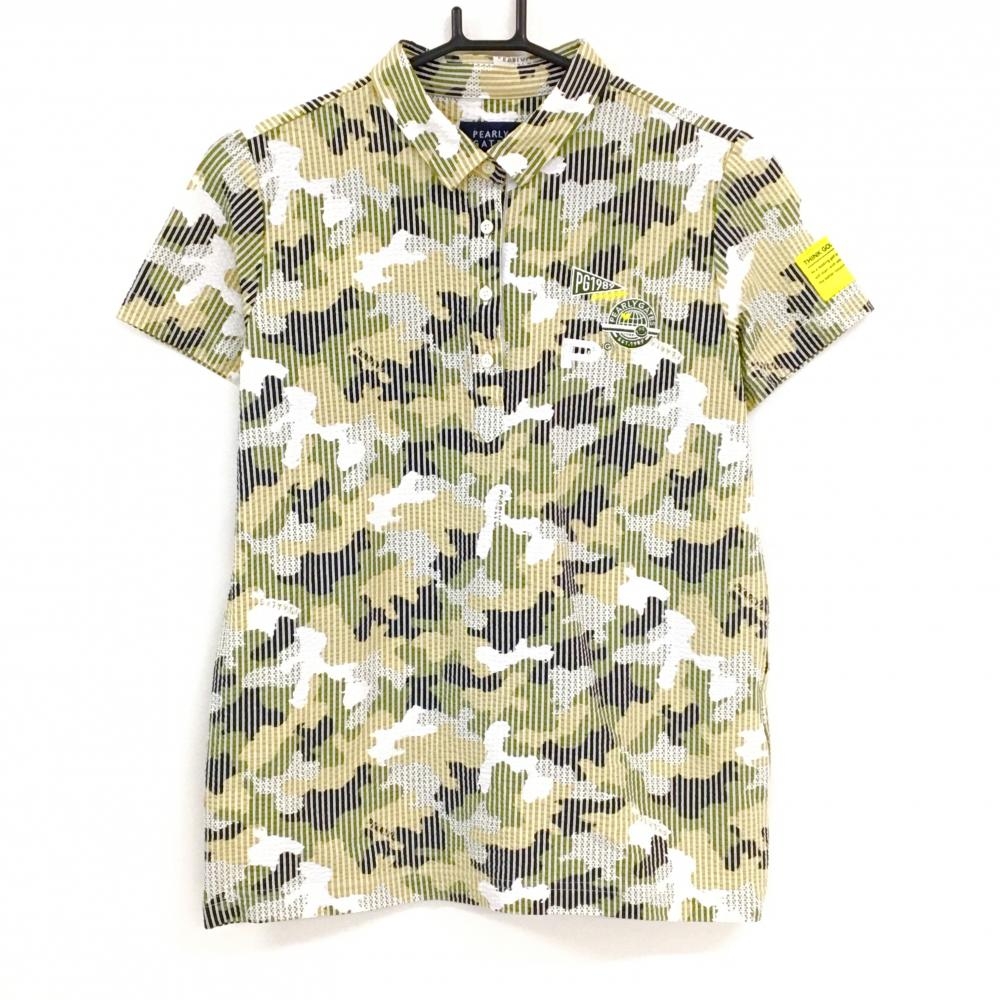 【超美品】パーリーゲイツ 半袖ポロシャツ カーキ×白 カモフラ ストライプ 迷彩 レディース 2(L) ゴルフウェア PEARLY GATES