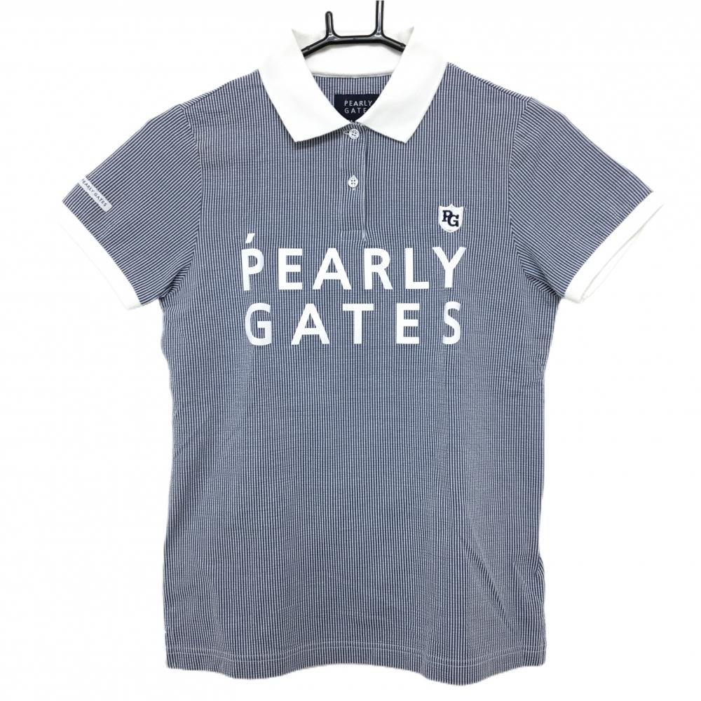 パーリーゲイツ 半袖ポロシャツ ネイビー×白 細ストライプ フロントロゴ レディース 0(S) ゴルフウェア PEARLY GATES