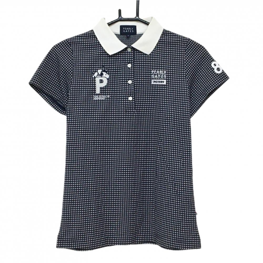 パーリーゲイツ×PEANUTS 半袖ポロシャツ 黒×白 ギンガムチェック スヌーピー レディース 0(S) ゴルフウェア PEARLY GATES