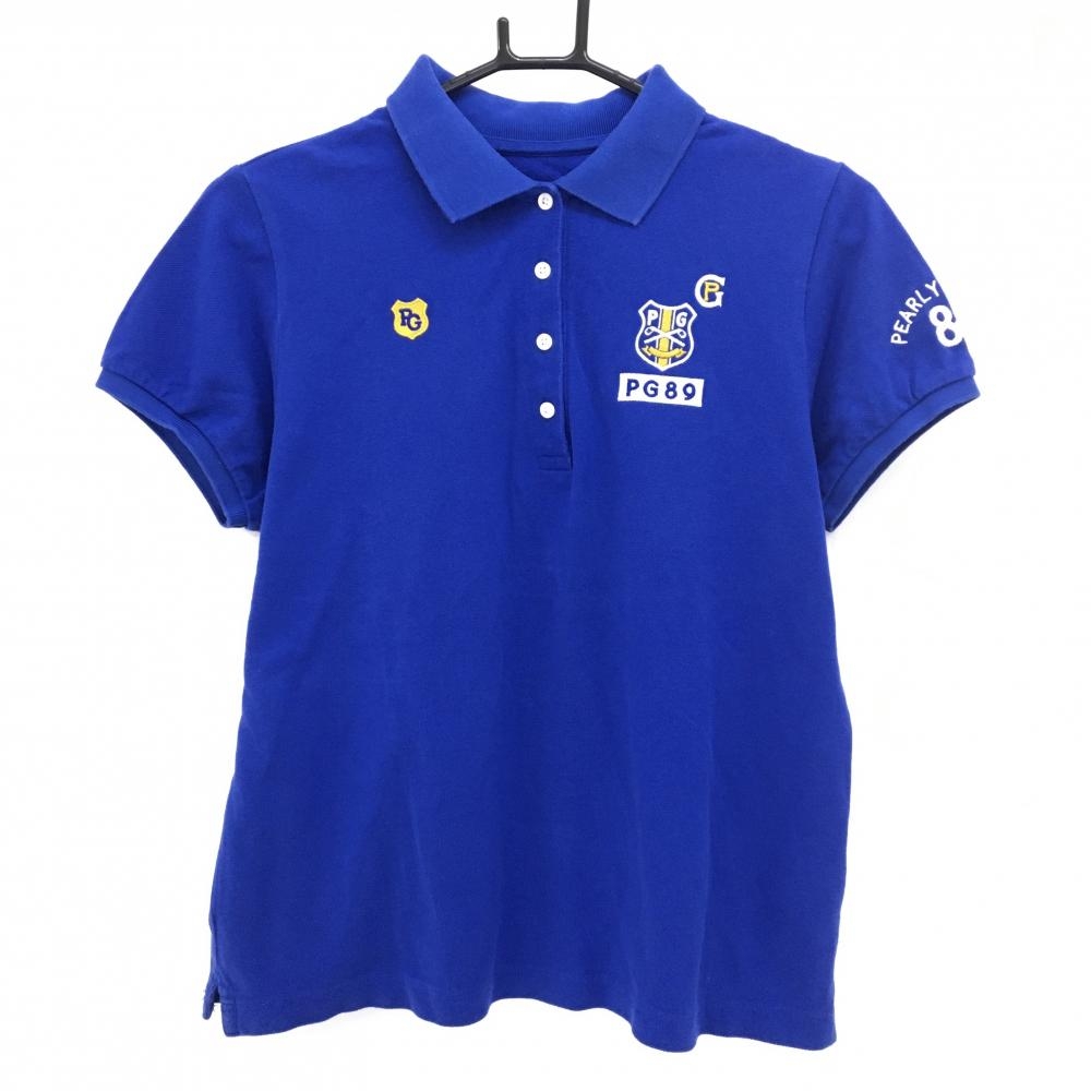 パーリーゲイツ 半袖ポロシャツ ブルー×白 ロゴ刺しゅう  レディース 2(XL) ゴルフウェア PEARLY GATES