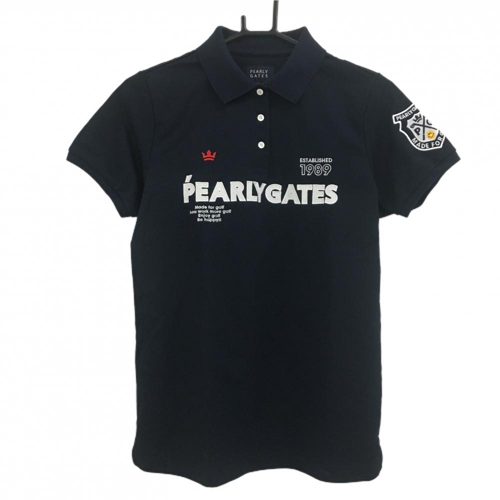 【新品】パーリーゲイツ 半袖ポロシャツ ネイビー×白 フロントロゴ ニコちゃん スマイル レディース 2(L) ゴルフウェア PEARLY GATES