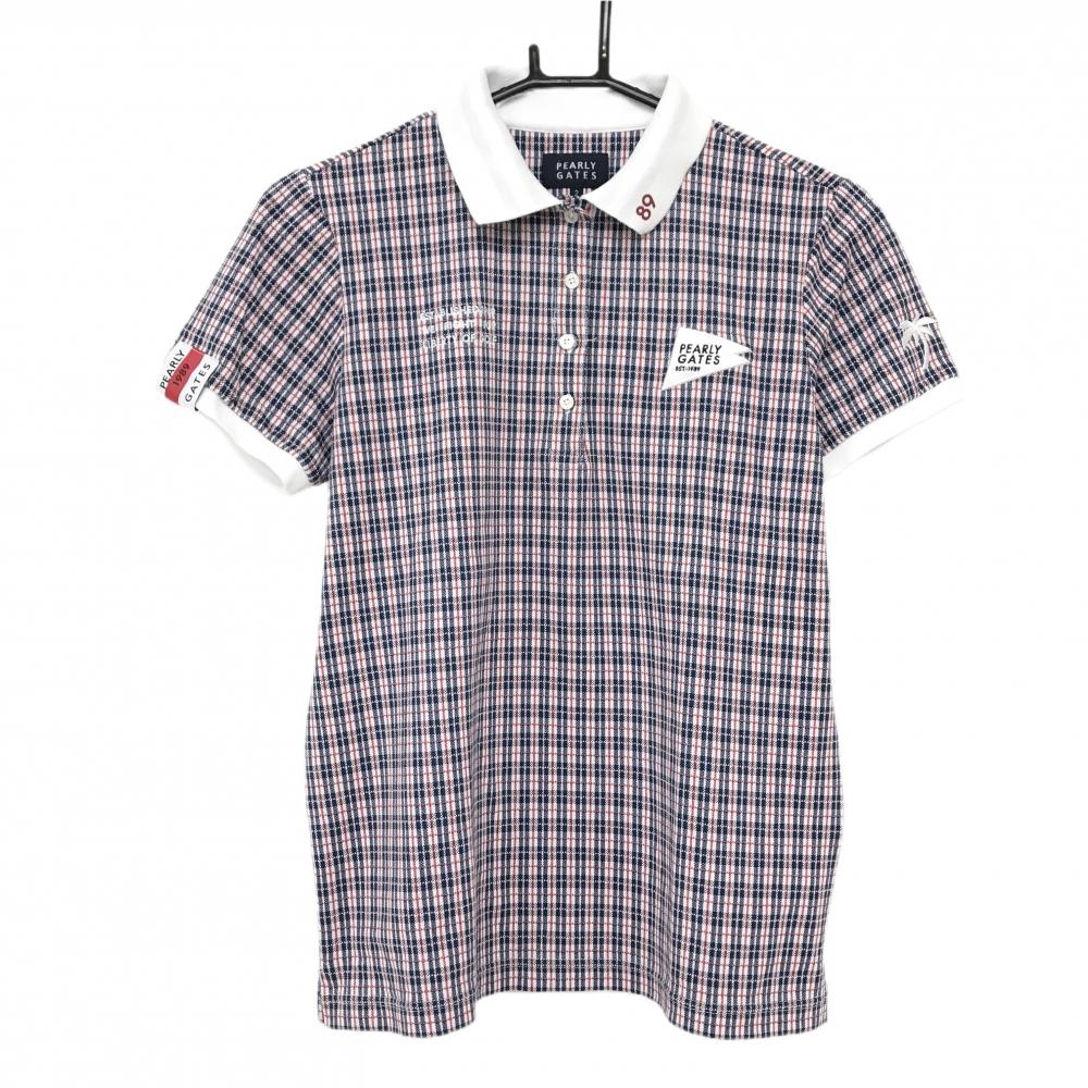 【超美品】パーリーゲイツ 半袖ポロシャツ 白×ネイビー×レッド チェック 襟裏ライン レディース 2(L) ゴルフウェア PEARLY GATES