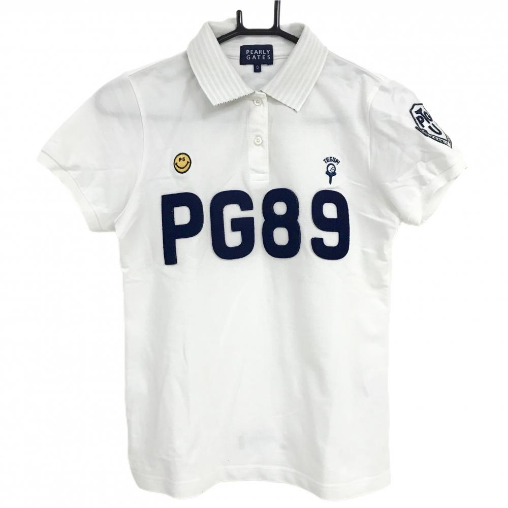 パーリーゲイツ 半袖ポロシャツ 白×ネイビー フェルトロゴ ニコちゃん スマイル レディース 0(S) ゴルフウェア PEARLY GATES