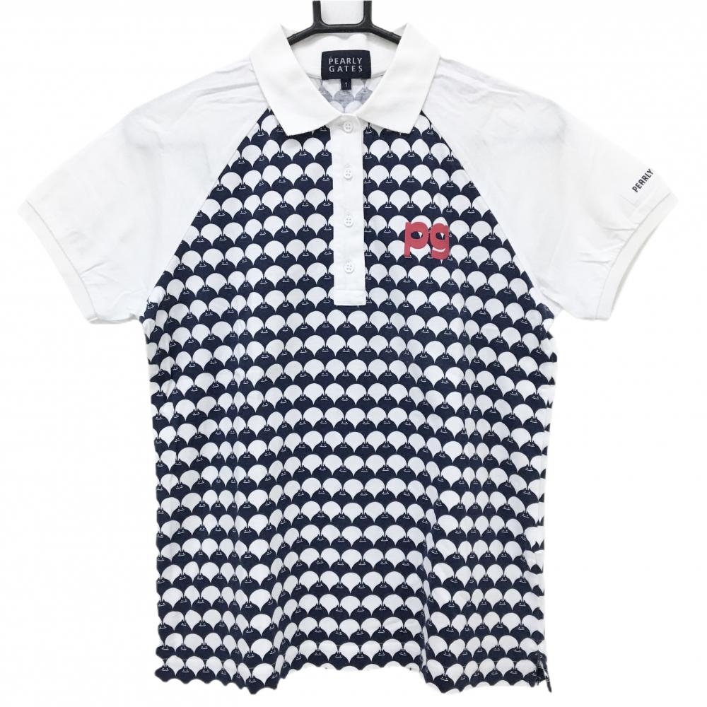 パーリーゲイツ 半袖ポロシャツ 白×ネイビー 総柄  レディース 1(M) ゴルフウェア PEARLY GATES