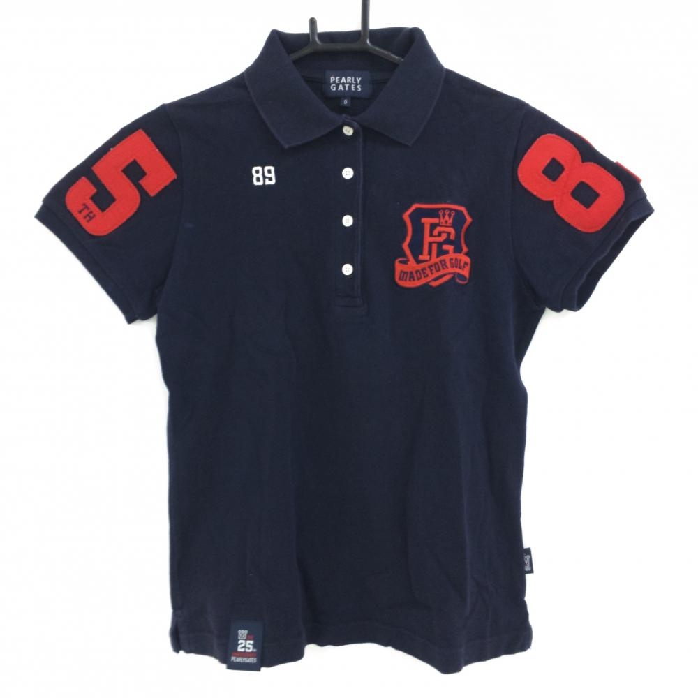 パーリーゲイツ 半袖ポロシャツ ネイビー×レッド 刺しゅうワッペン レディース 0(S) ゴルフウェア PEARLY GATES