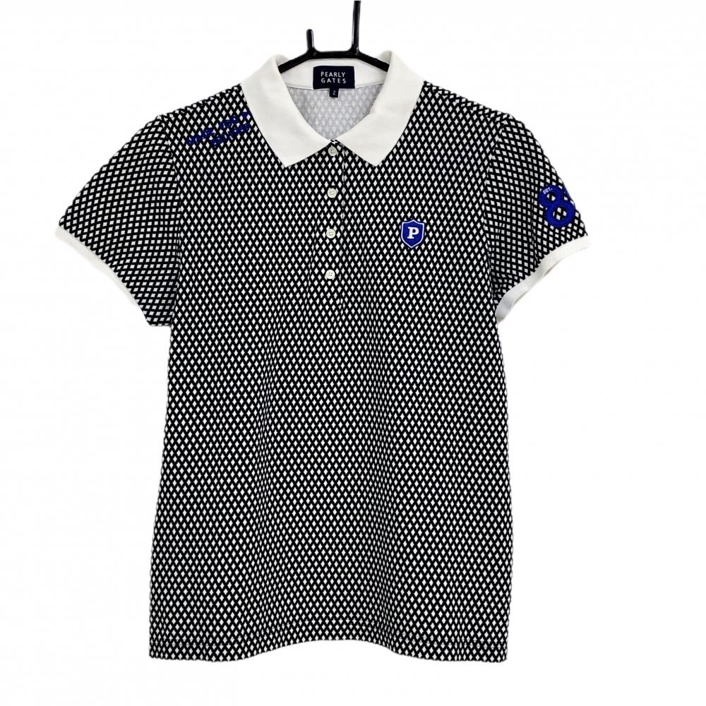 パーリーゲイツ 半袖ポロシャツ 白×黒 ダイヤ柄 襟裏ロゴ レディース 2(L) ゴルフウェア PEARLY GATES