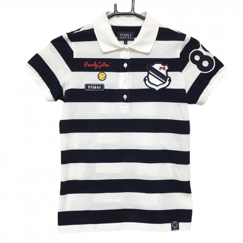 【美品】パーリーゲイツ 半袖ポロシャツ 白×ネイビー ボーダー 襟裏ニコちゃん スマイル レディース 0(S) ゴルフウェア PEARLY GATES