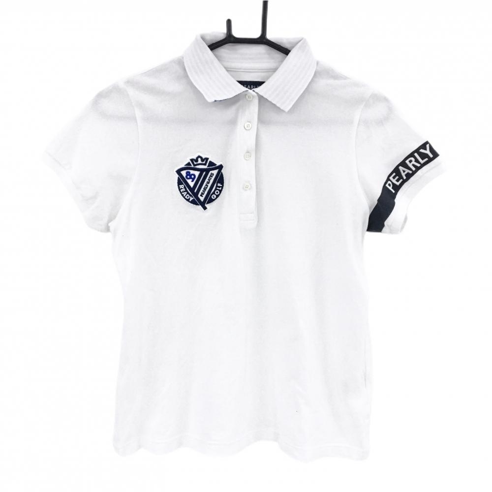 パーリーゲイツ 半袖ポロシャツ 白×ネイビー 袖ロゴ 襟裏ボーダー レディース 1(M) ゴルフウェア PEARLY GATES