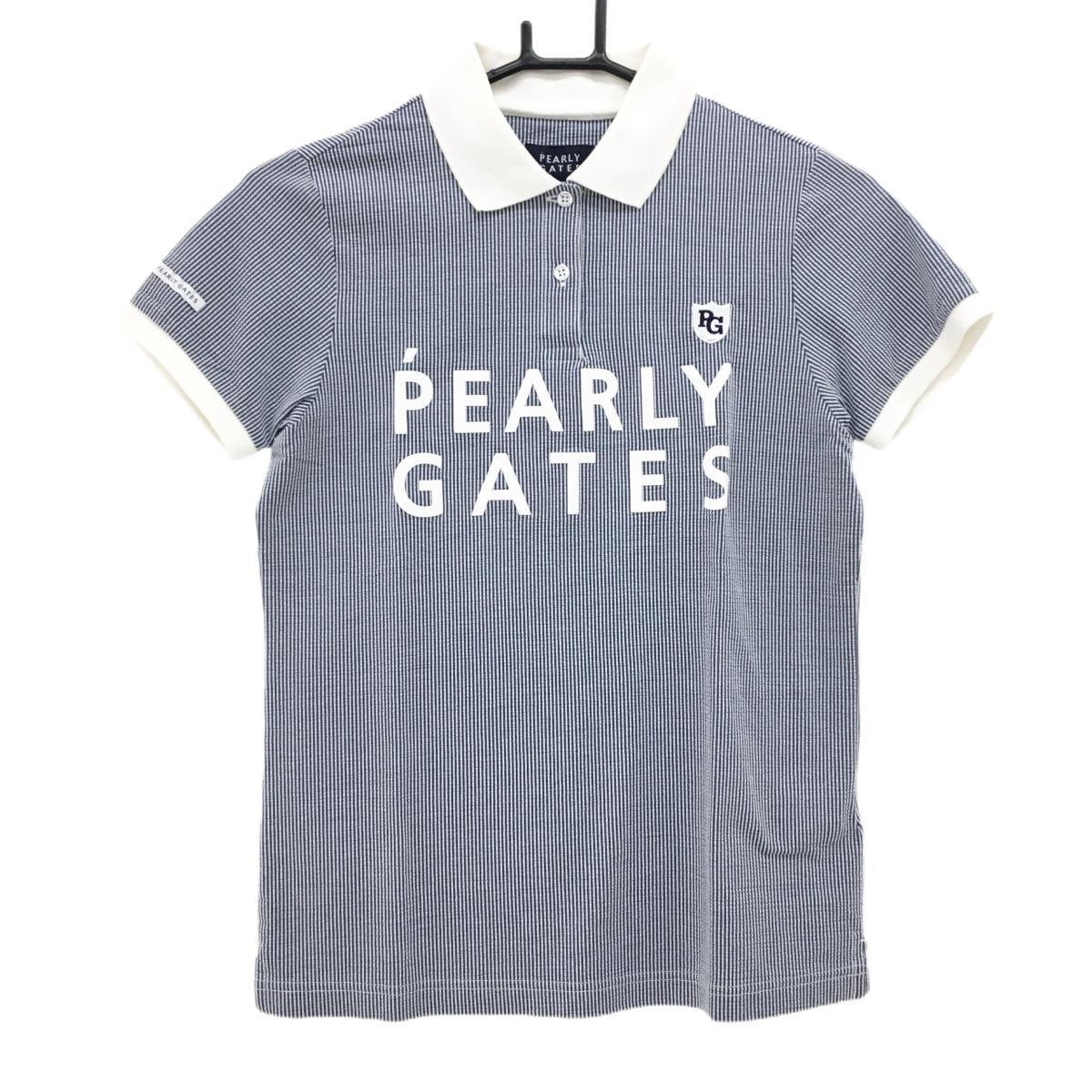 パーリーゲイツ 半袖ポロシャツ 白×ネイビー ストライプ ロゴ レディース 0(S) ゴルフウェア PEARLY GATES