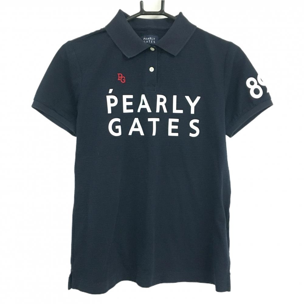 パーリーゲイツ 半袖ポロシャツ ネイビー×白 フロントロゴ サッカー生地 レディース 2(L) ゴルフウェア PEARLY GATES