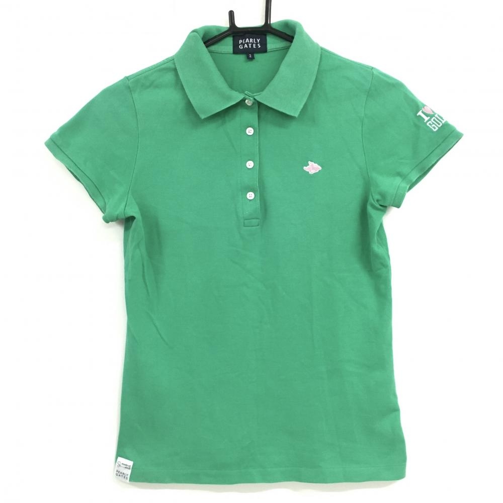 パーリーゲイツ 半袖ポロシャツ グリーン コットン100％ ロゴピンク  レディース 2(L) ゴルフウェア PEARLY GATES