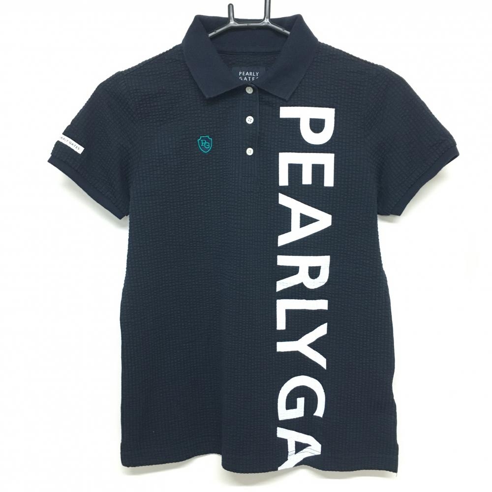 【美品】パーリーゲイツ 半袖ポロシャツ ネイビー×白 サッカー生地 ビッグロゴ レディース 0(S) ゴルフウェア PEARLY GATES