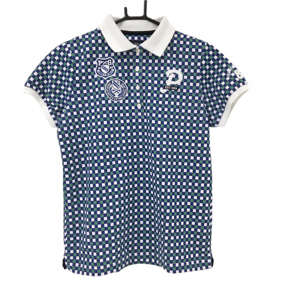 【美品】パーリーゲイツ 半袖ポロシャツ ブルー×グリーン×白 ブロックチェック  レディース 1(M) ゴルフウェア PEARLY GATES