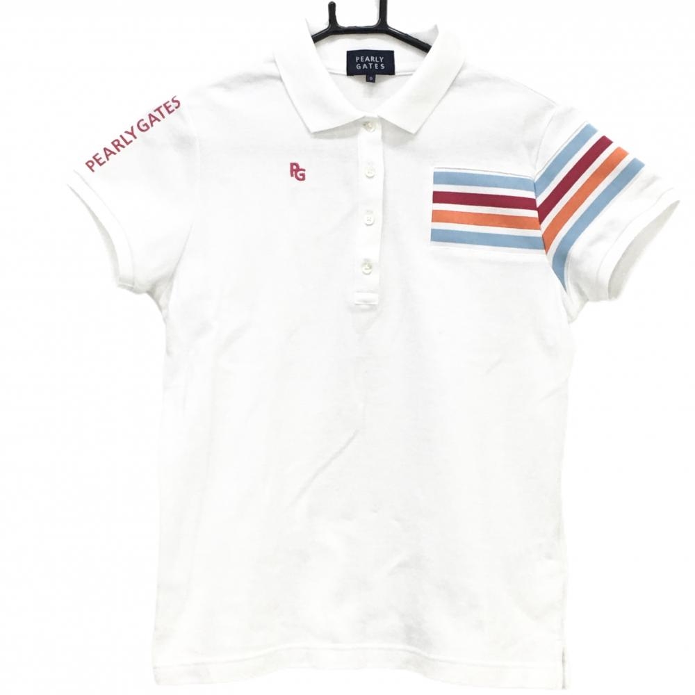 パーリーゲイツ 半袖ポロシャツ 白×ピンク×ライトブルー 袖ライン レディース 0(S) ゴルフウェア PEARLY GATES