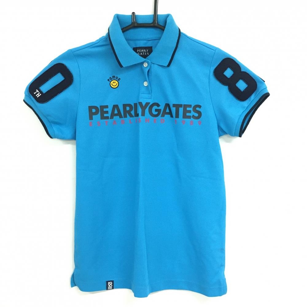 パーリーゲイツ 半袖ポロシャツ ブルー×黒 ニコちゃん スマイル 30周年 レディース 0(S) ゴルフウェア PEARLY GATES