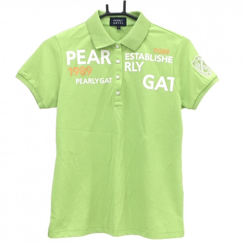 【美品】パーリーゲイツ 半袖ポロシャツ イエローグリーン×白 袖ロゴ刺しゅう レディース 0(S) ゴルフウェア PEARLY GATES