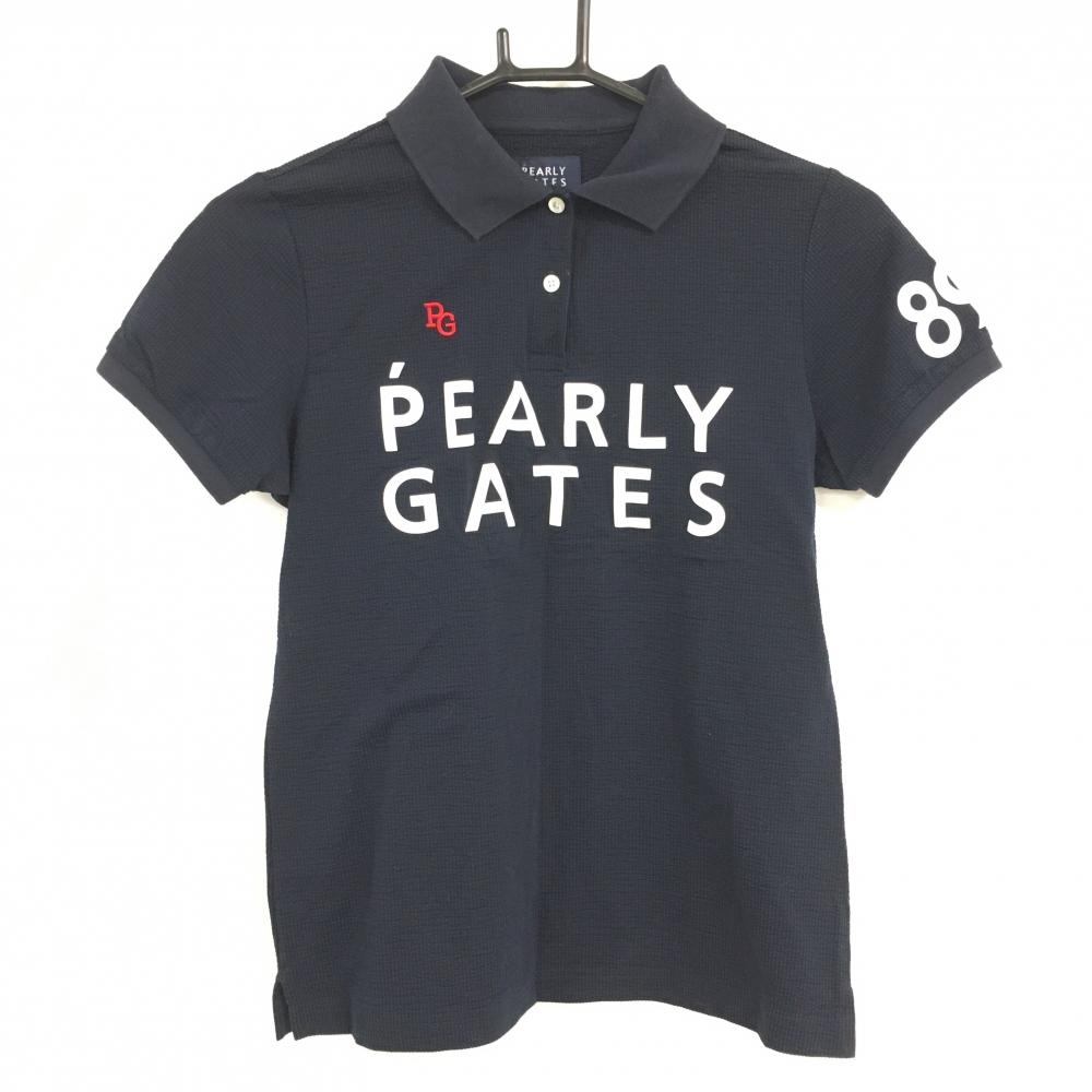 【美品】パーリーゲイツ 半袖ポロシャツ ネイビー サッカー生地風 ロゴプリント レディース 0(S) ゴルフウェア PEARLY GATES