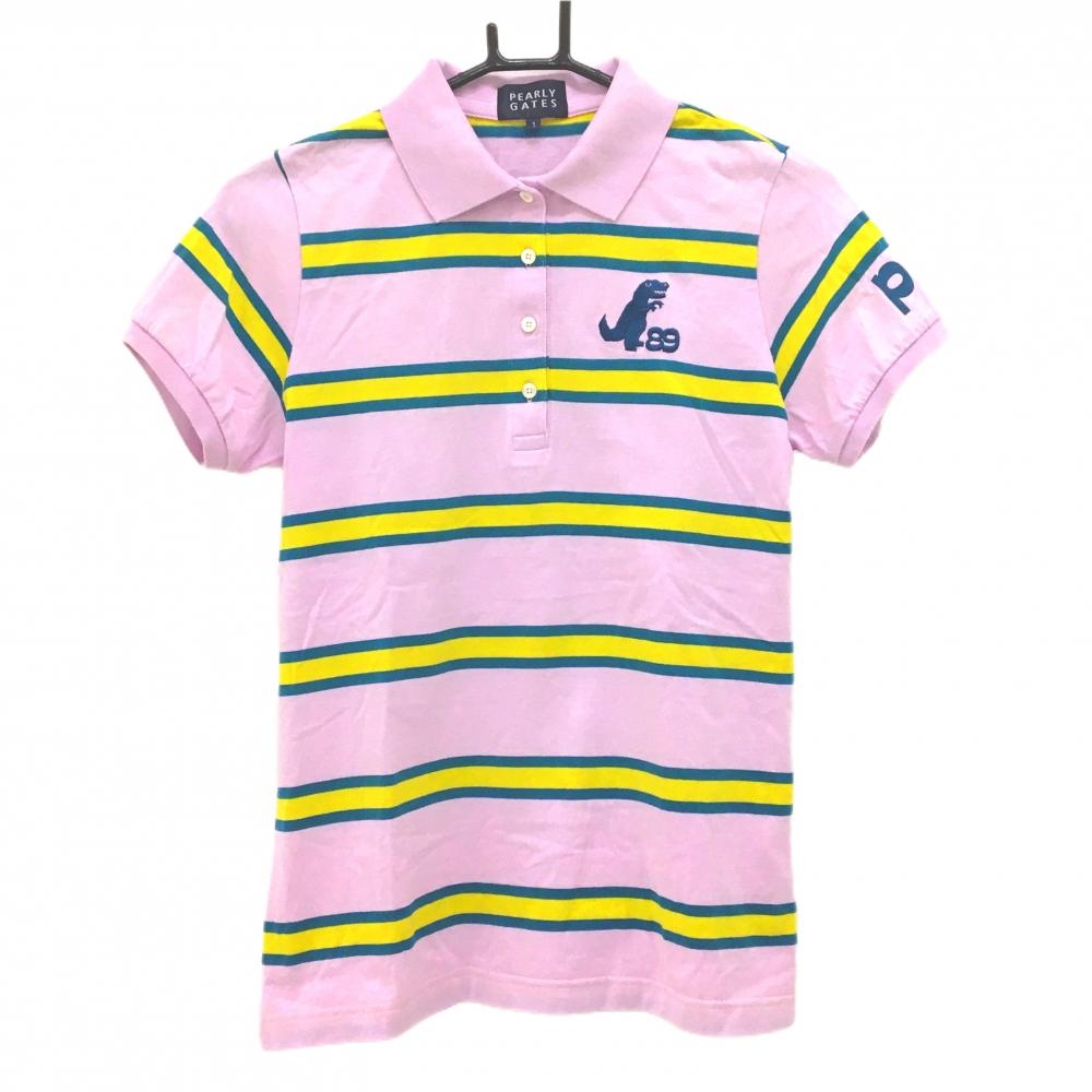 パーリーゲイツ 半袖ポロシャツ ライトパープル×グリーン×イエロー ボーダー 胸ロゴ  レディース 1(M) ゴルフウェア PEARLY GATES