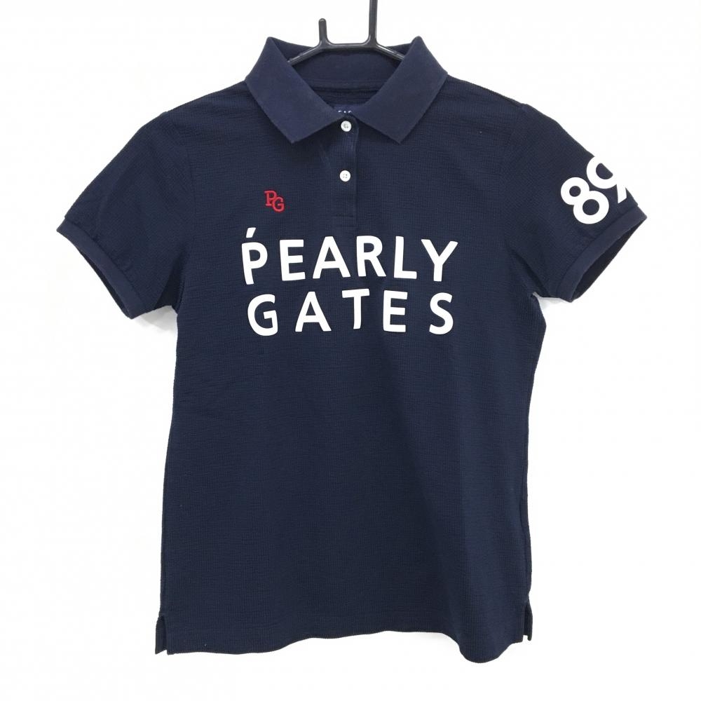 パーリーゲイツ 半袖ポロシャツ ネイビー×白 ロゴプリント サッカー生地調  レディース 0(S) ゴルフウェア PEARLY GATES
