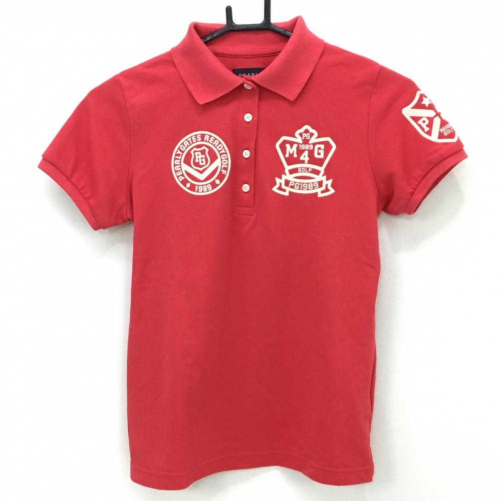 【美品】パーリーゲイツ 半袖ポロシャツ ピンクレッド×ライトベージュ系 ロゴプリント レディース 0(S) ゴルフウェア PEARLY GATES